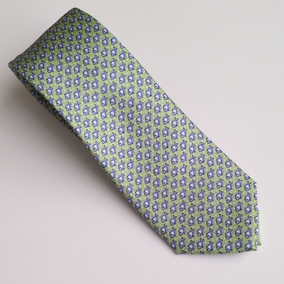 Tommy Hilfiger Fish Pattern 100%‎ Silk Neck Tie - Green & Blue - Picture 2 of 8